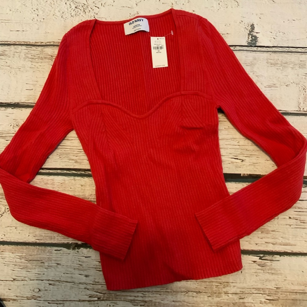 Old Navy‎ NWT Fitted Ribbed Knit Sweater Top Sweetheart Neckline Red  XS P